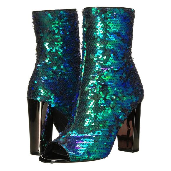 Jessica Simpson Elara Sequin Mermaid Blue Green High Heel Peep Toe Ankle Boot 6M - Picture 1 of 12